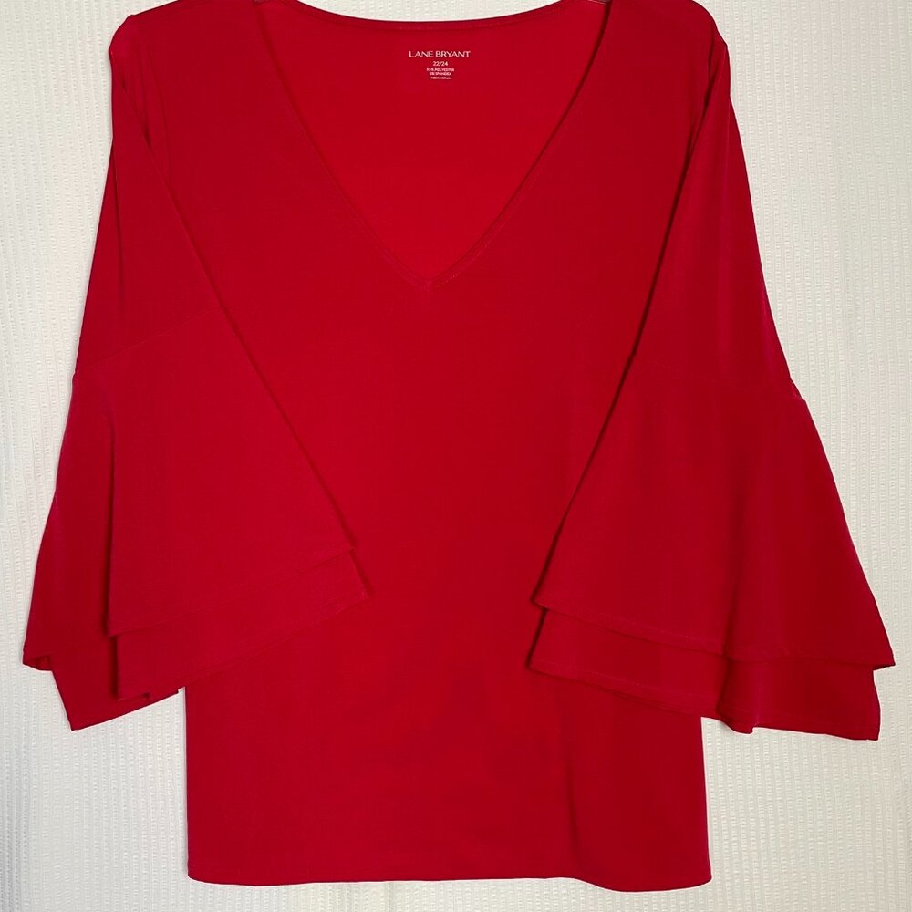Lane Bryant Red Pullover V-Neck Knit Top 3/4 Layered Fluted Sleeves Size 22/24